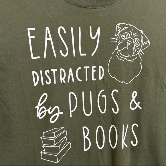 Green Pugs and Books Tshirt Pug Dog Lover Tshirt - Picture 3 of 5